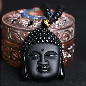 Bodhisattva carved obsidian necklace